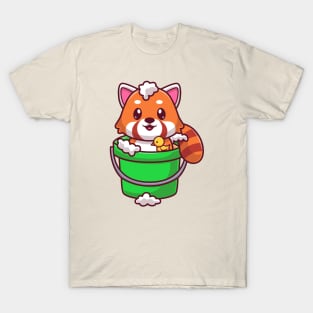 Cute Red Panda Bathing In Bucket Cartoon T-Shirt